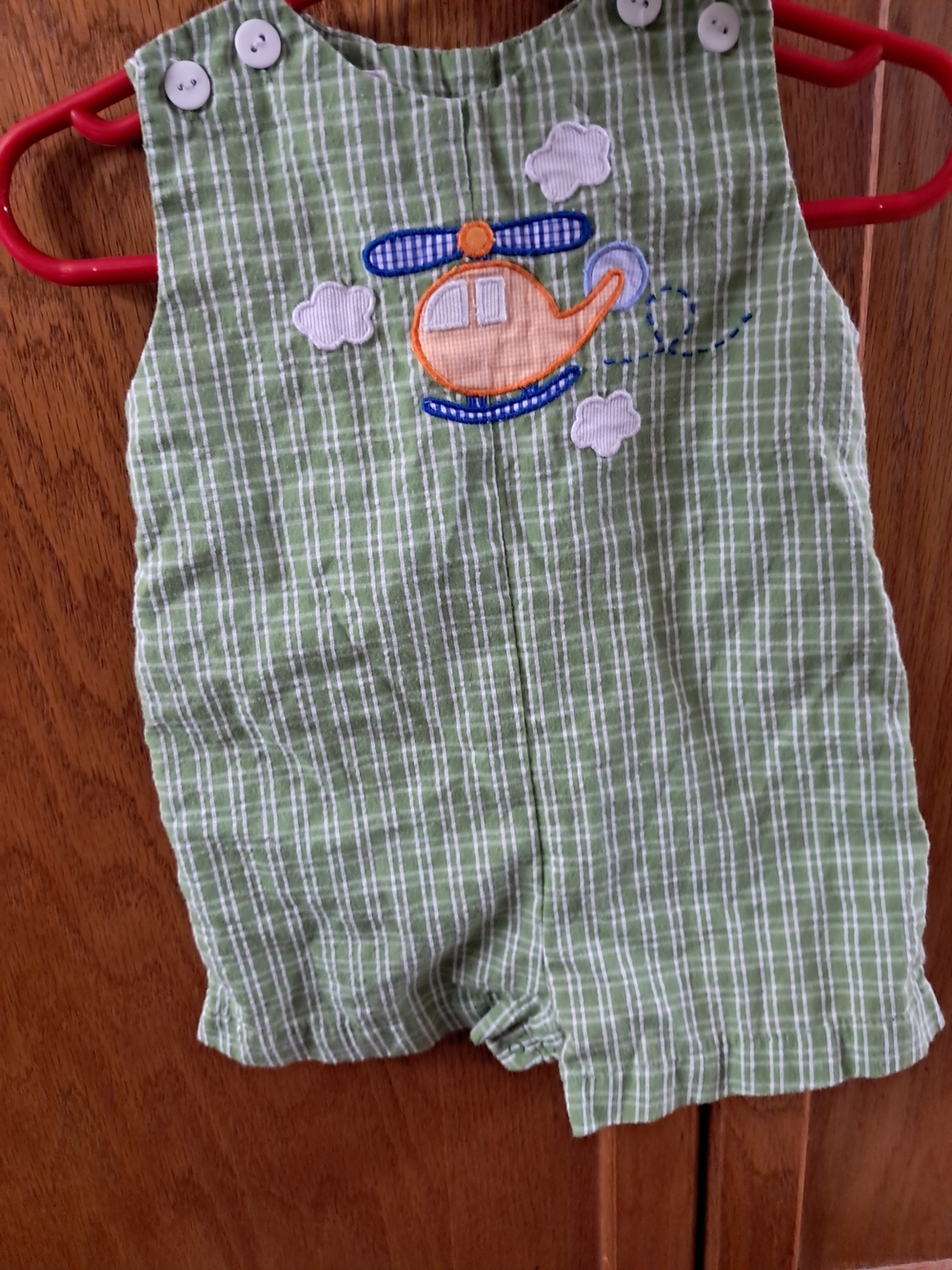 Vintage Green Striped Baby Romper with Helicopter Applique